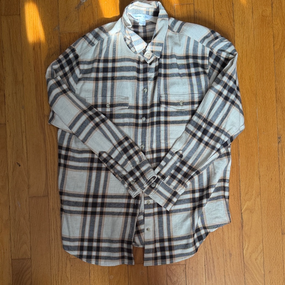 Old Navy Cream and Brown Plaid Shirt